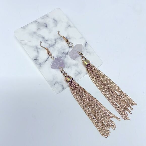 Amethyst Crystal Gold Chain Fringe Earrings - Picture 2 of 7